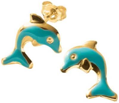 10K Gold Enameled Dolphin Studs & Dolphin Box