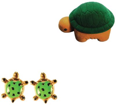 10K Gold Enameled Green Turtle Studs & Turtle Box