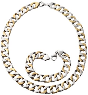 Men's Two Tone Curb Necklace & Bracelet Set