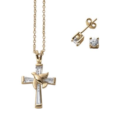 14K Gold over Silver Cross & CZ Stud Earrings Set