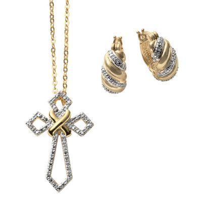 Gold Tone Cross Pendant & Shrimp Hoops Set