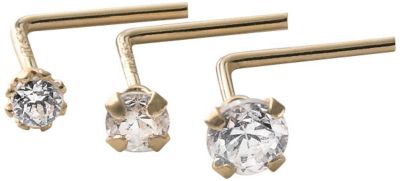 14K Gold 3pc CZ L Shaped Nose Pin Set