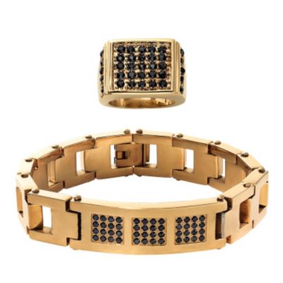 Men's Goldtone Black CZ Bracelet & Ring Set