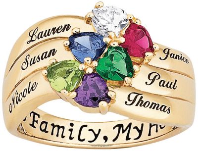 18K Gold over Silver Heart Birthstone Family Ring