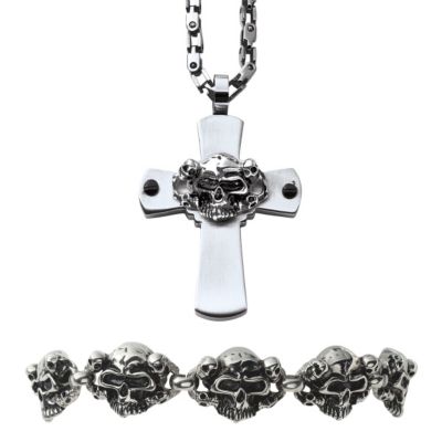 Men's Stainless Steel Skull Cross & Bracelet Set