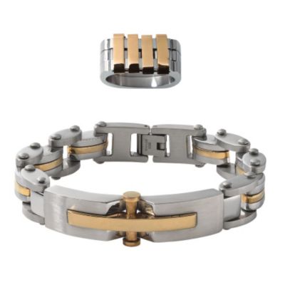 Men's Two Tone Stainless Steel Bracelet & Ring Set