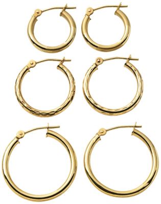 10K Yellow Gold 3 Pair Hoop Earring Set