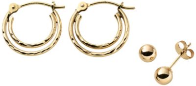 10K Yellow Gold Polished Hoop & Stud Earrings Set
