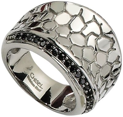 Chisel StSt Hammered & Black Crystal Ring