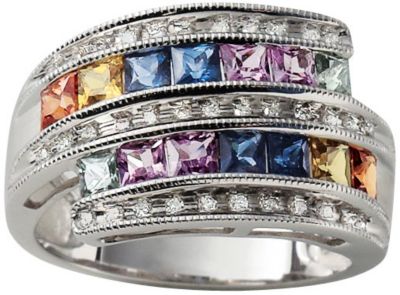 14K White Gold Multi Color Sapphire & Diamond Ring