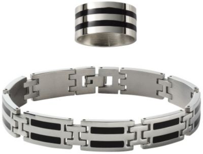 Men's Stainless Steel Striped Bracelet & Ring Set