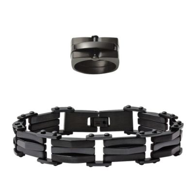 Men's Black Stainless Steel Bracelet & Ring Set