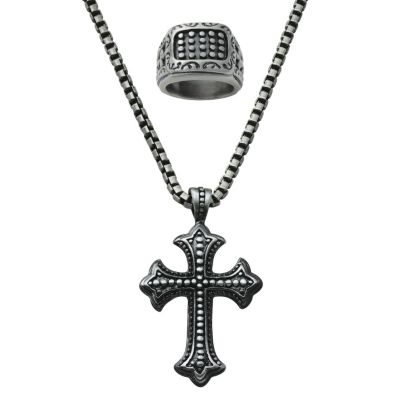 Men's Stainless Steel Cross Pendant & Ring Set