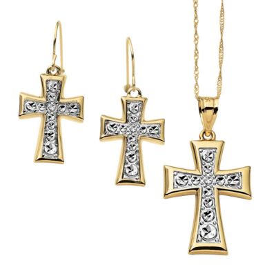 10k Two-Tone Cross Pendant & Earring Set