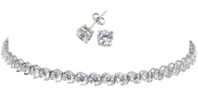 Silver CZ Tennis Bracelet & Stud Earrings Set