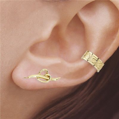 10K Gold Heart Swirl Ear Pin&reg; & Heart Earcuff Set