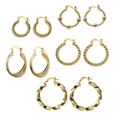 14K Gold Plated 5 Pair Hoop Earring Set