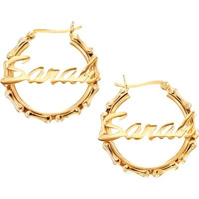 gold hoops with name. Silver Bamboo Name Hoops