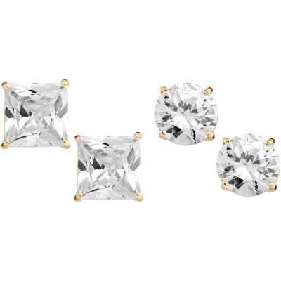 14K Gold Over Silver CZ 2-Pair Stud Set