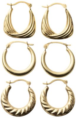 10K Gold 3 Pair Hoop Earrings Set