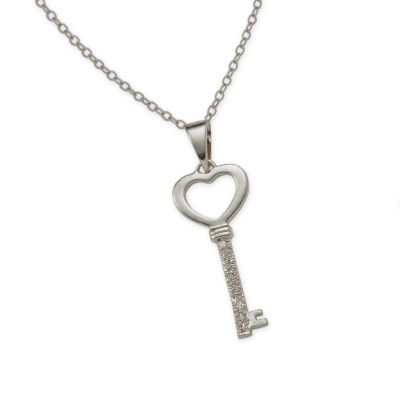 Sterling Silver CZ Heart Key Pendant