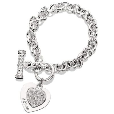 Sterling Silver CZ Double Heart Name Bracelet