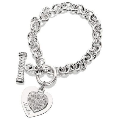 Sterling Silver CZ Double Heart Name Bracelet