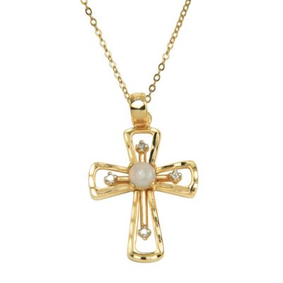 18K Gold over Silver Opal & Diamond Cross Necklace