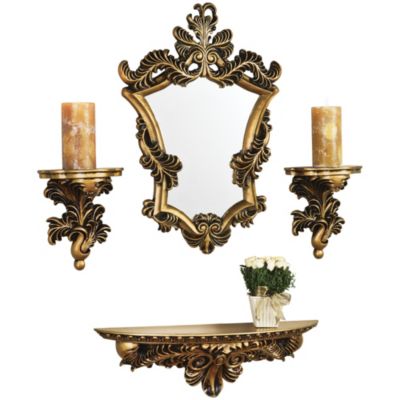 Gold Leaf Shelf, Mirror + Sconces