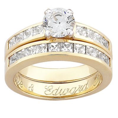 18K Gold Over Silver CZ Engraved Bridal Set