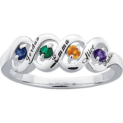 Sterling Silver Birthstone Ribbon Family Name Ring