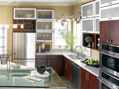 Blythe Cherry Cinnamon with Aluminum-Frame Top-Hinge Doors Kitchen Cabinets