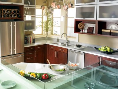 Blythe Cherry Cinnamon with Aluminum-Frame Top-Hinge Doors Kitchen Cabinets