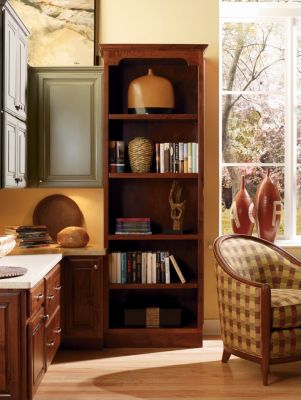 Braddock Rustic Alder Sangria and Hamlin Maple Moss Home Office Cabinets