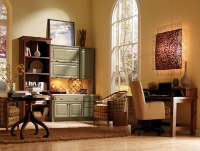 Braddock Rustic Alder Sangria and Hamlin Maple Moss Home Office Cabinets