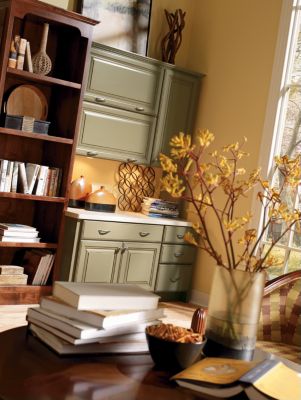 Braddock Rustic Alder Sangria and Hamlin Maple Moss Home Office Cabinets