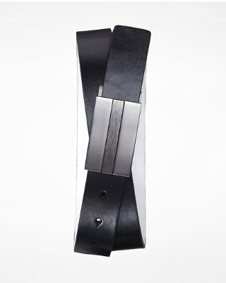 Express Mens 2In1 Reversible Leather Buckle Belt Pitch Black, 30