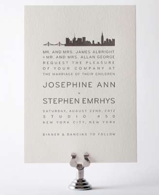  York Wedding on New York City Skyline   Letterpress Wedding Invitation