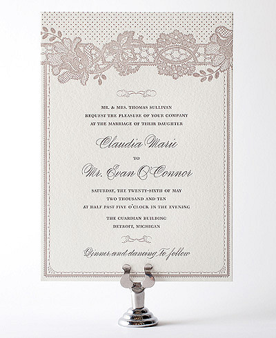 Vintage Wedding Colors on Vintage Lace Letterpress Wedding Invitation