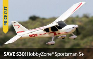 Save $40 on the HobbyZone Sportsman S+ RTF and BNF Trainer RC Airplane