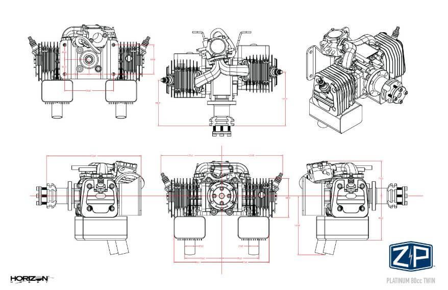 Platinum 80cc Twin Technical Drawing