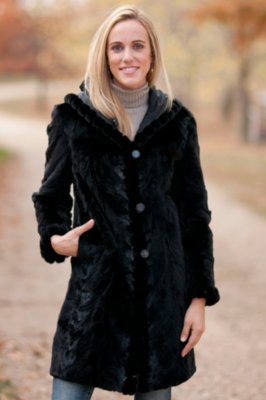 Women's Rebecca Reversible Mink Fur Coat with Hood, BLACK, Size LARGE (14-16)