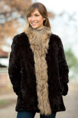 Women's Aviana Reversible Sheared Mink Fur Coat with Raccoon Fur Trim