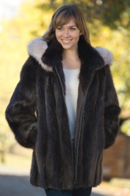 Women's Marisa Longhaired Beaver Fur Coat with Fox Fur Trim