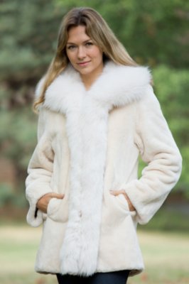 Women's Adrianna Sheared Beaver Fur Coat with Fox Fur Trim