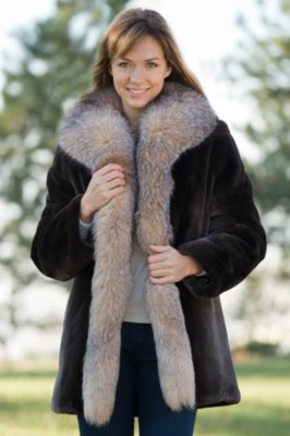 Women's Juliette Sheared Beaver Fur Coat with Fox Fur Trim