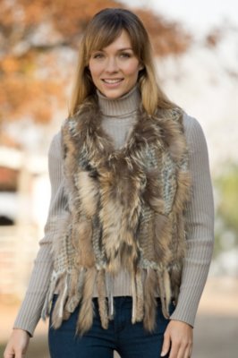 Women's Willow Knitted Rabbit Fur Vest with Raccoon Fur Trim