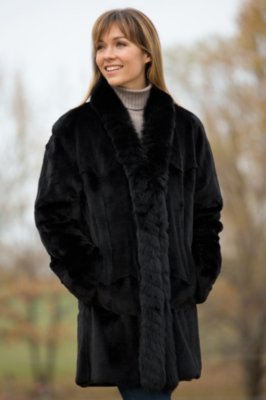 Women's Faye Reversible Leather and Sheared Mink Fur Coat, BLACK, Size LARGE (14)