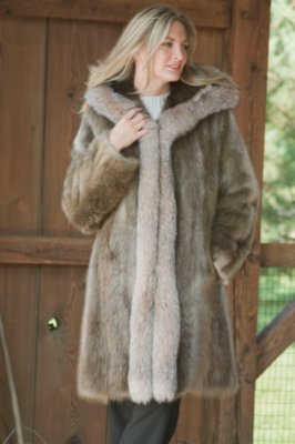 Women's Long Hair Beaver Coat with Fox Tux & Hood