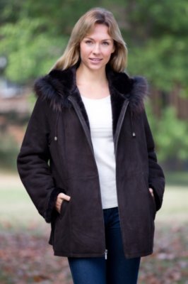 Women's Larissa Sheepskin Coat with Raccoon Fur Trim